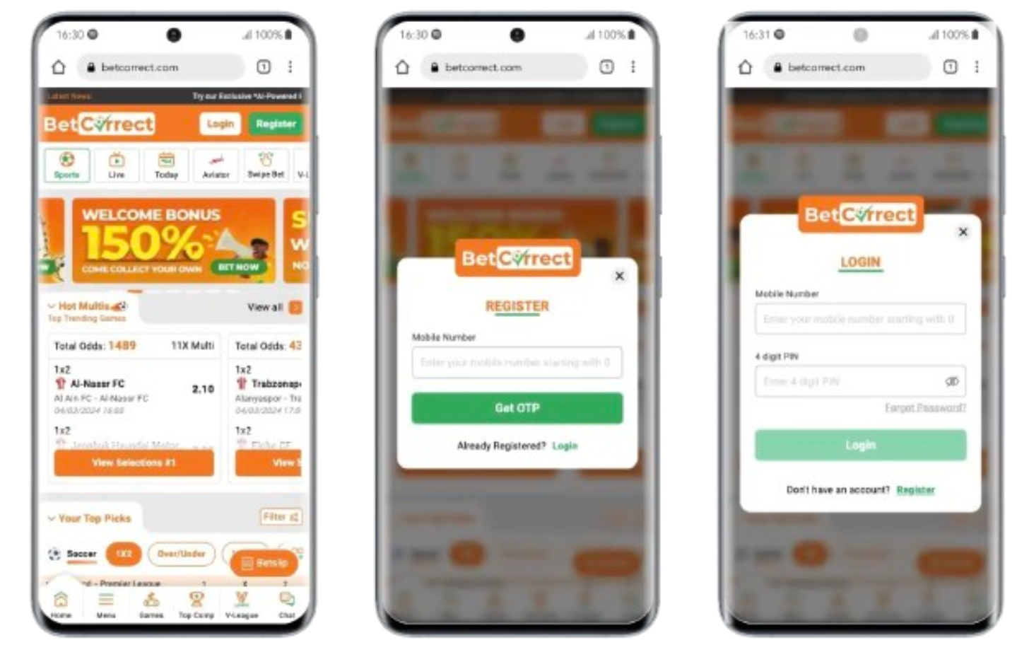 Bet Correct login proces